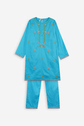 Plum 100% Fine Cotton Sky Blue Colour Embroidered Green Pink 2 pc suit For Girls.